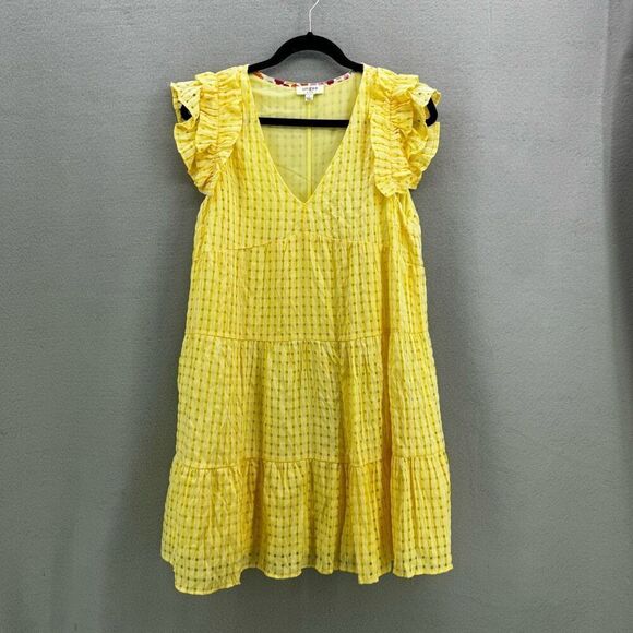 Umgee USA Womens Lemon Seersucker Tiered V-Neck A-Line Mini Dress Large - Picture 2 of 8